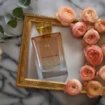 Roja Elixir Pour Femme displayed in a golden frame surrounded by pastel pink roses